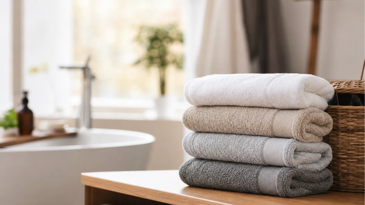 Serviettes de bain blanches pliées et suspendues à un porte-serviette dans une salle de bain lumineuse