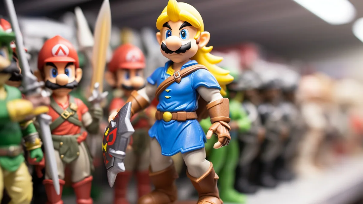 Figurines amiibo Nintendo alignées devant une console Switch et une manette avec lecteur NFC