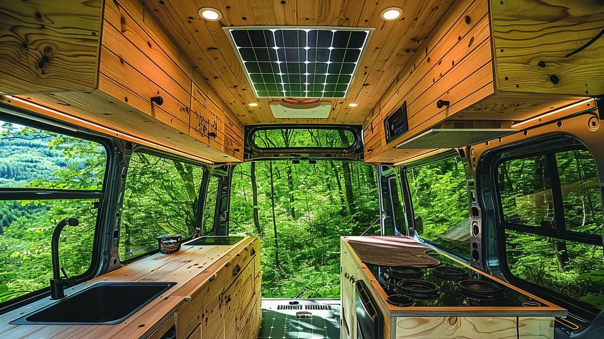 Van aménagé stationné près d’une forêt avec panneaux solaires et mobilier en bois clair