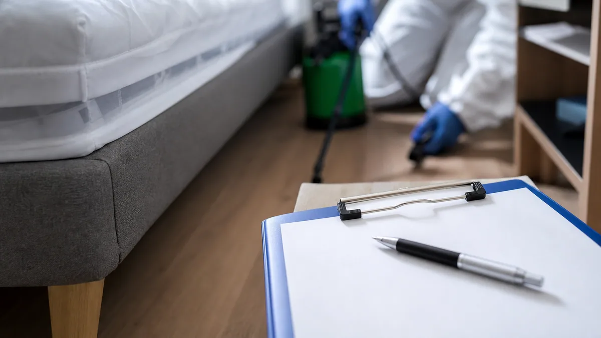 Technicien en désinsectisation rédigeant un rapport de traitement contre les punaises de lit dans un logement
