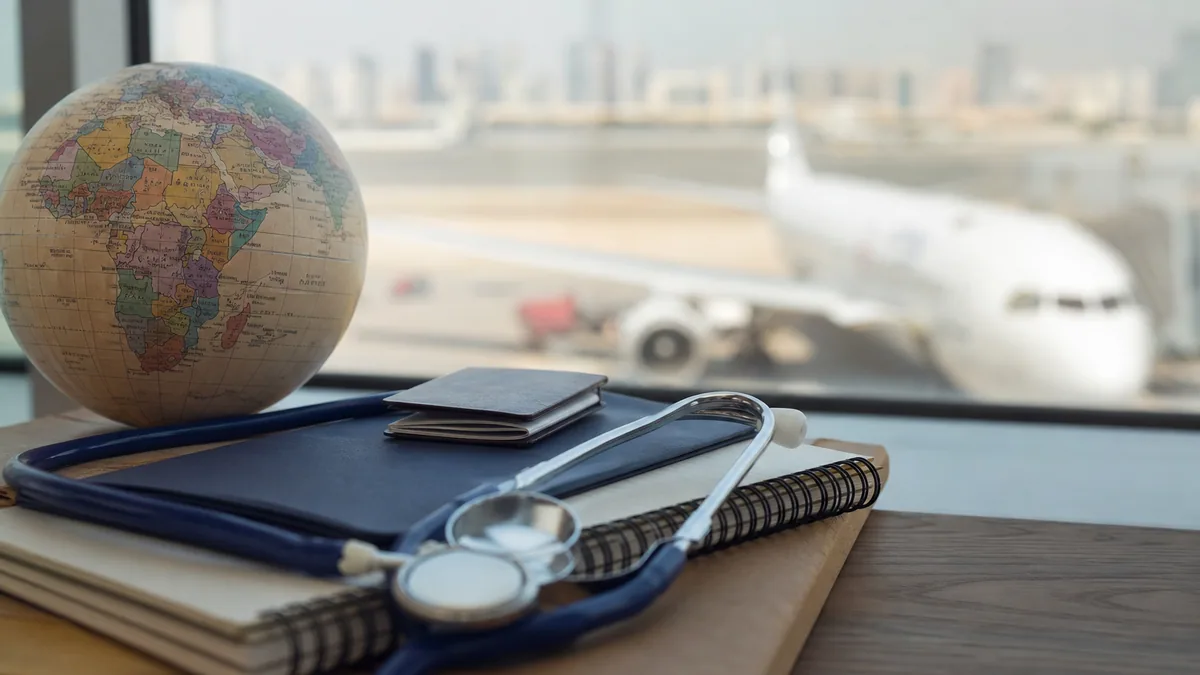 Étudiante préparant passeport, convention de stage et documents d’assurance avant un départ à l’étranger