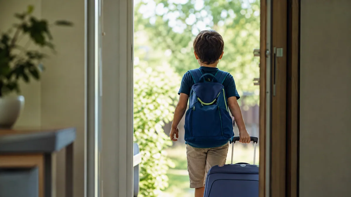 Enfant avec sac à dos et casque de vélo préparant un départ en vacances