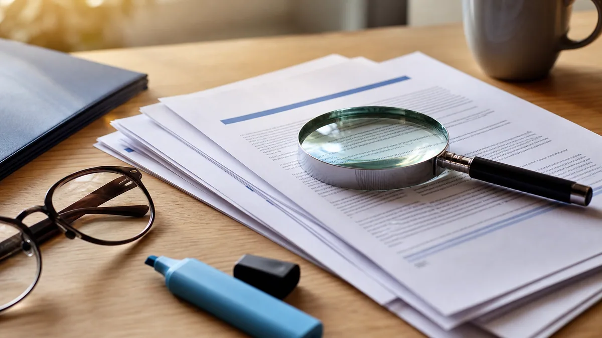 Contrats d'assurance papier empilés sur un bureau, examinés à la loupe sous une lumière naturelle