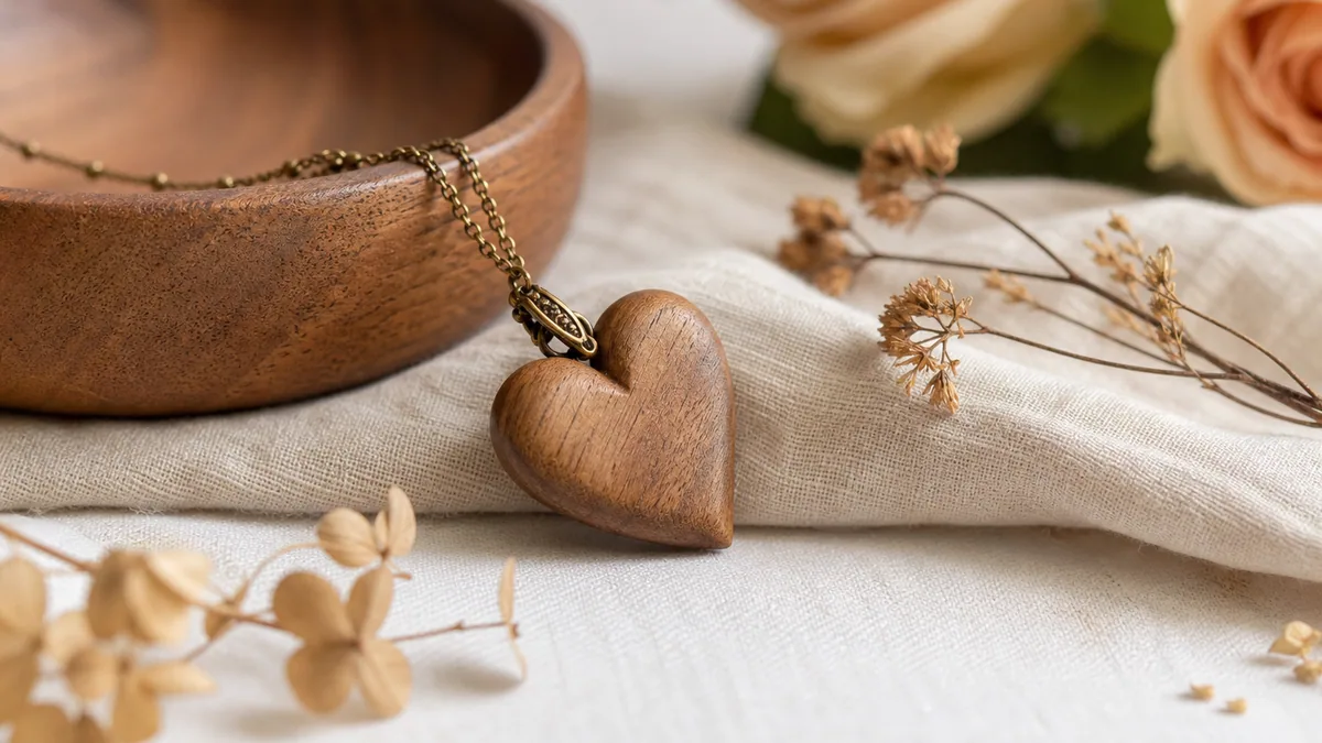 Boucles d’oreilles en bois clair et fleurs séchées sur tissu écru au style romantique