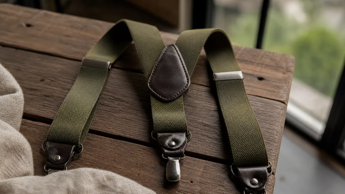 Bretelles homme olive sur chemise blanche et pantalon beige avec accessoires en cuir marron