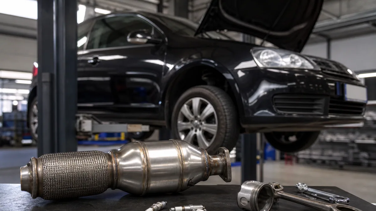 Mécanicien installant un catalyseur sport sur la ligne d’échappement d’une voiture