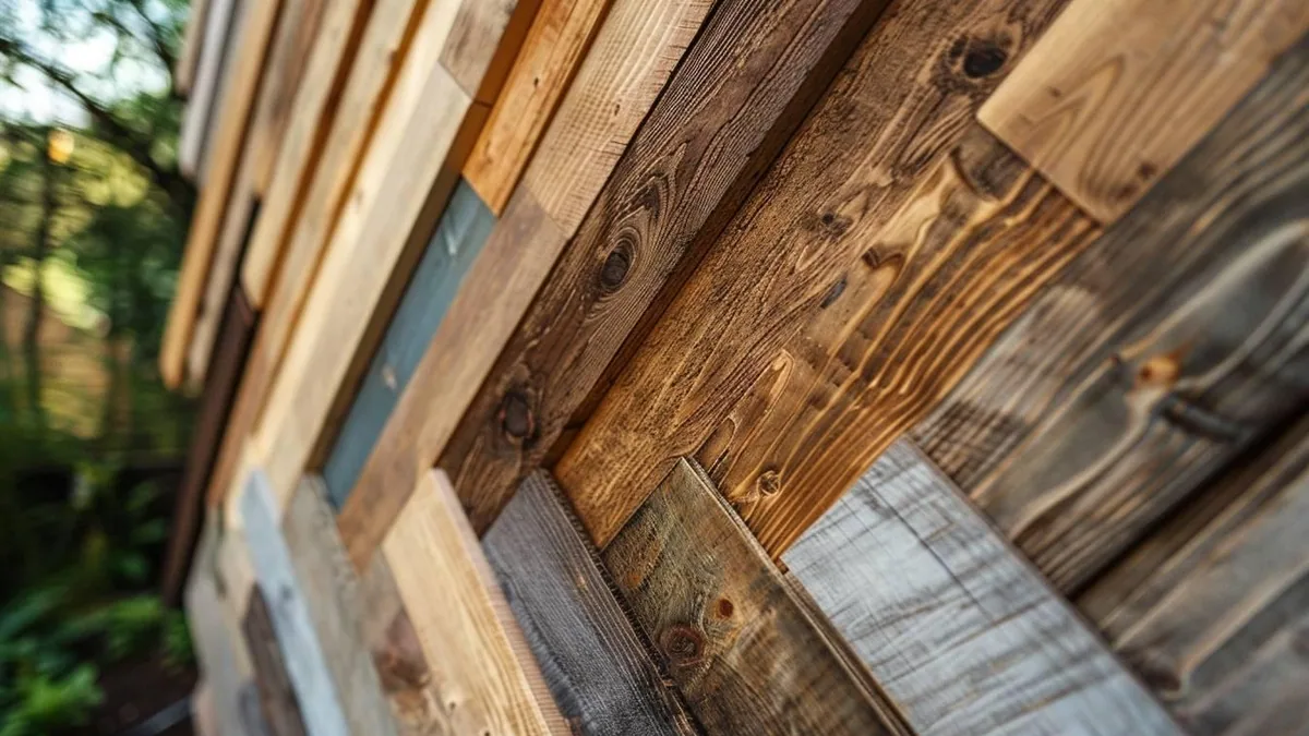 Façade de maison avec bardage en bois naturel, lames verticales et détails de fixation visibles
