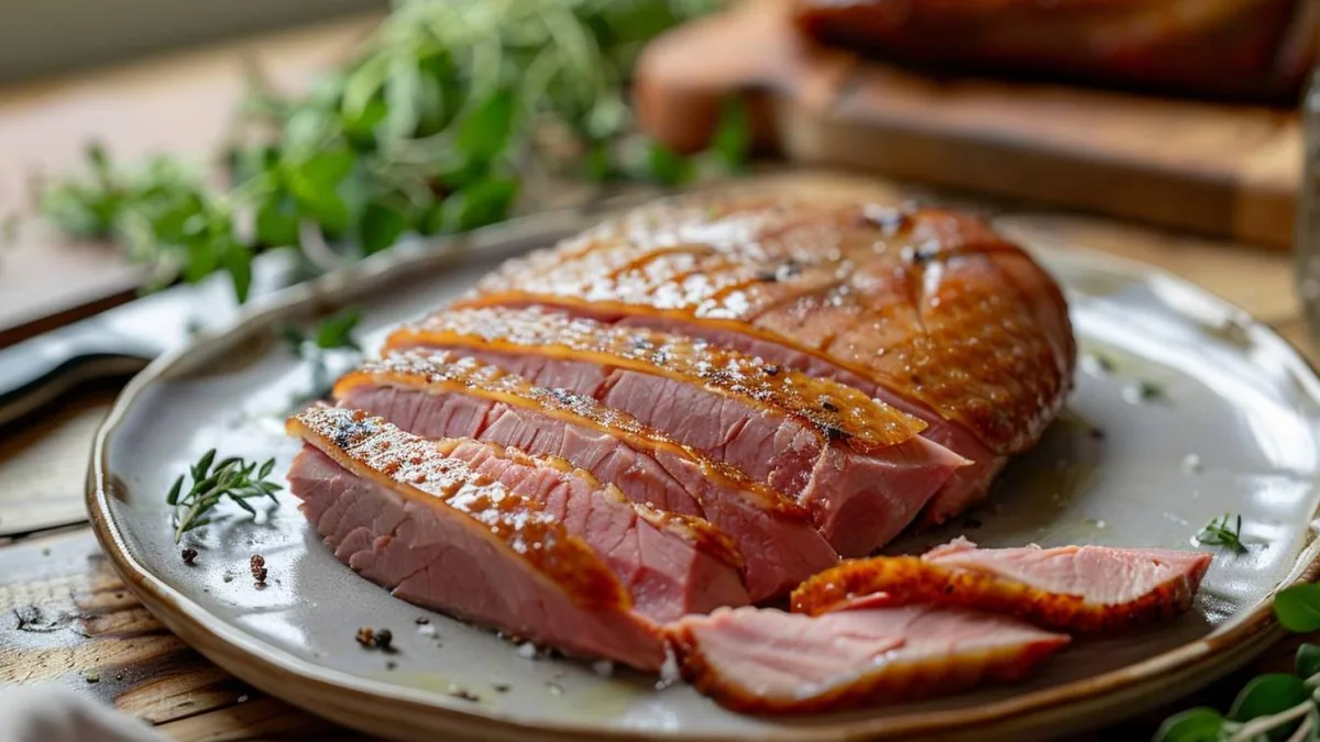 Tranches de magret de canard fumé disposées sur une assiette avec salade verte