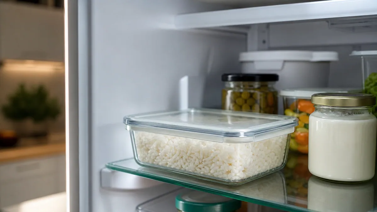 Riz blanc cuit dans un contenant hermétique en verre au réfrigérateur