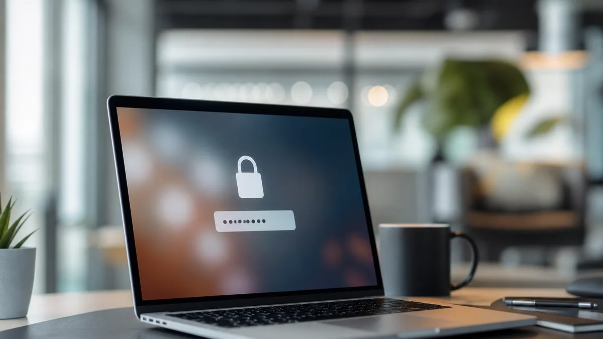 Écran d'ordinateur affichant un champ de connexion avec mot de passe masqué dans un bureau