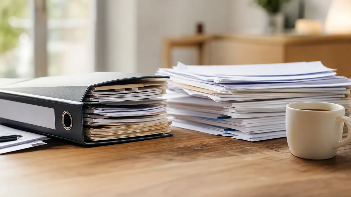 Classeur de documents administratifs et relevés bancaires posés sur un bureau