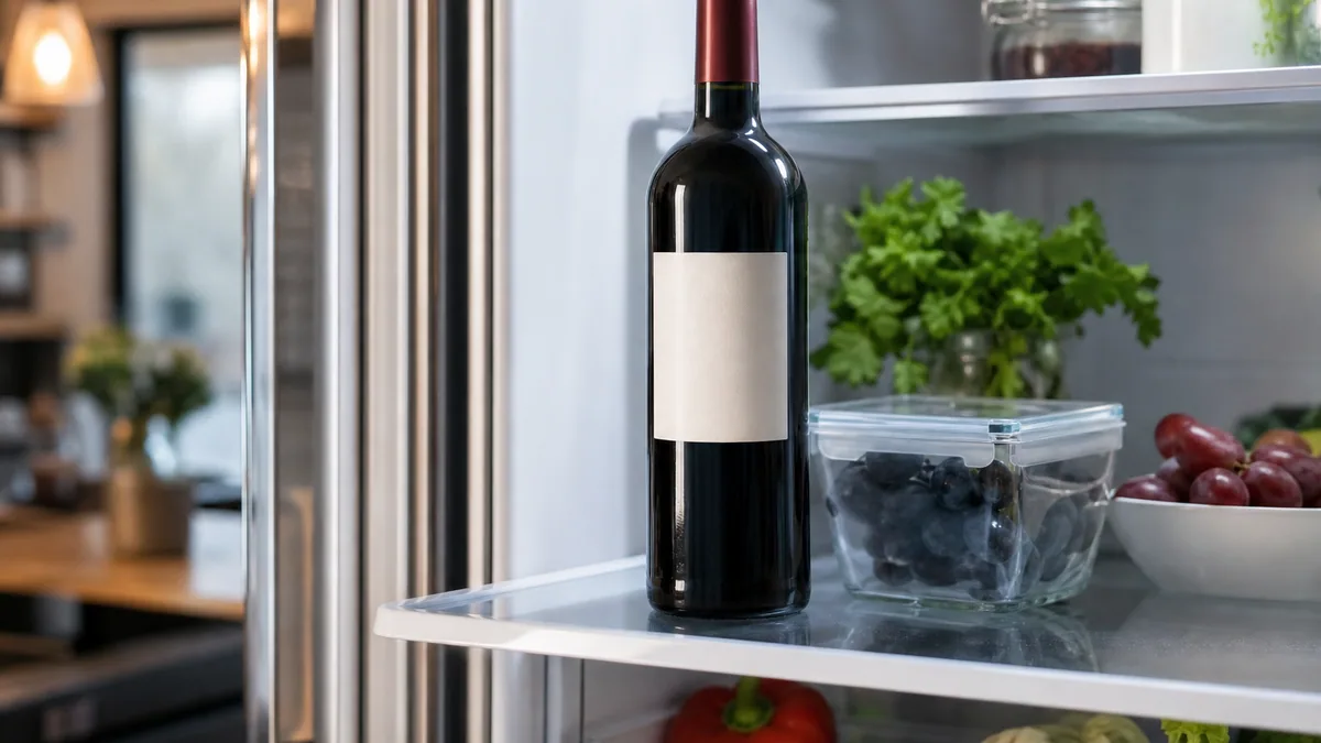 Bouteille de vin rouge entamée avec bouchon, posée sur une table près d'un verre à moitié plein