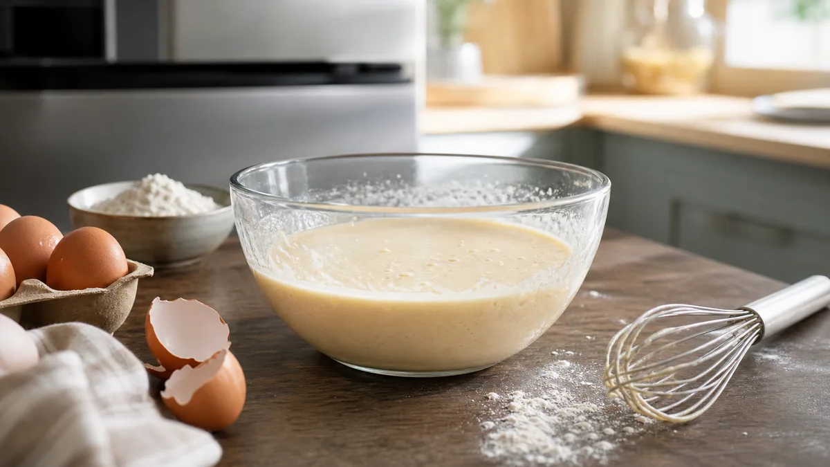 Bol de pâte à crêpes lisse posé sur un plan de travail, à côté d'un fouet et d'œufs