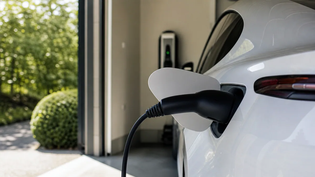 Câble de recharge branché sur une voiture électrique dans un garage résidentiel