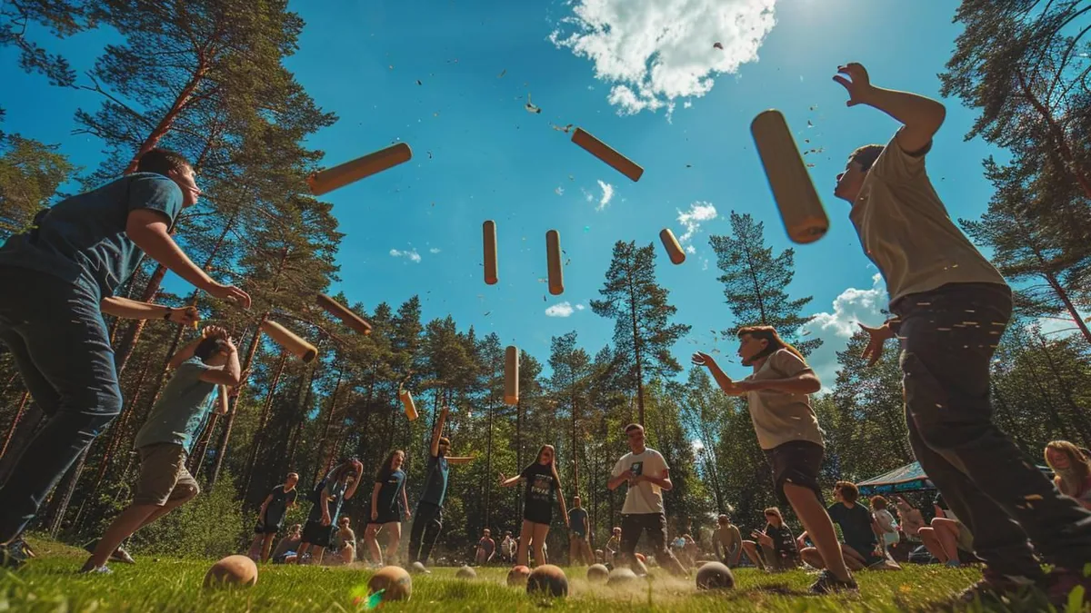 Joueurs lançant un bâton en bois vers des quilles numérotées de mölkky sur une pelouse