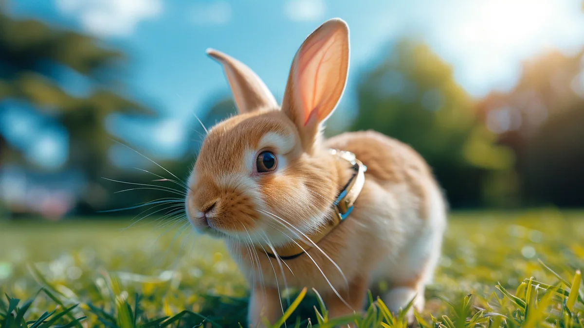 Lapin domestique dans un jardin sécurisé, portant un harnais léger tenu sans tension