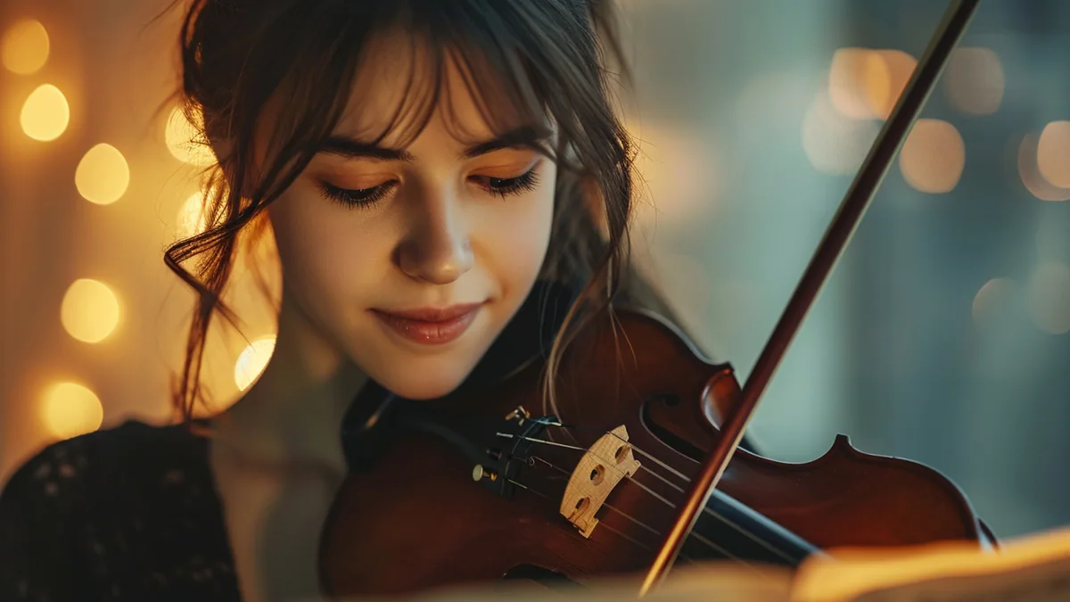 Débutante tenant un violon et son archet devant une partition sur pupitre