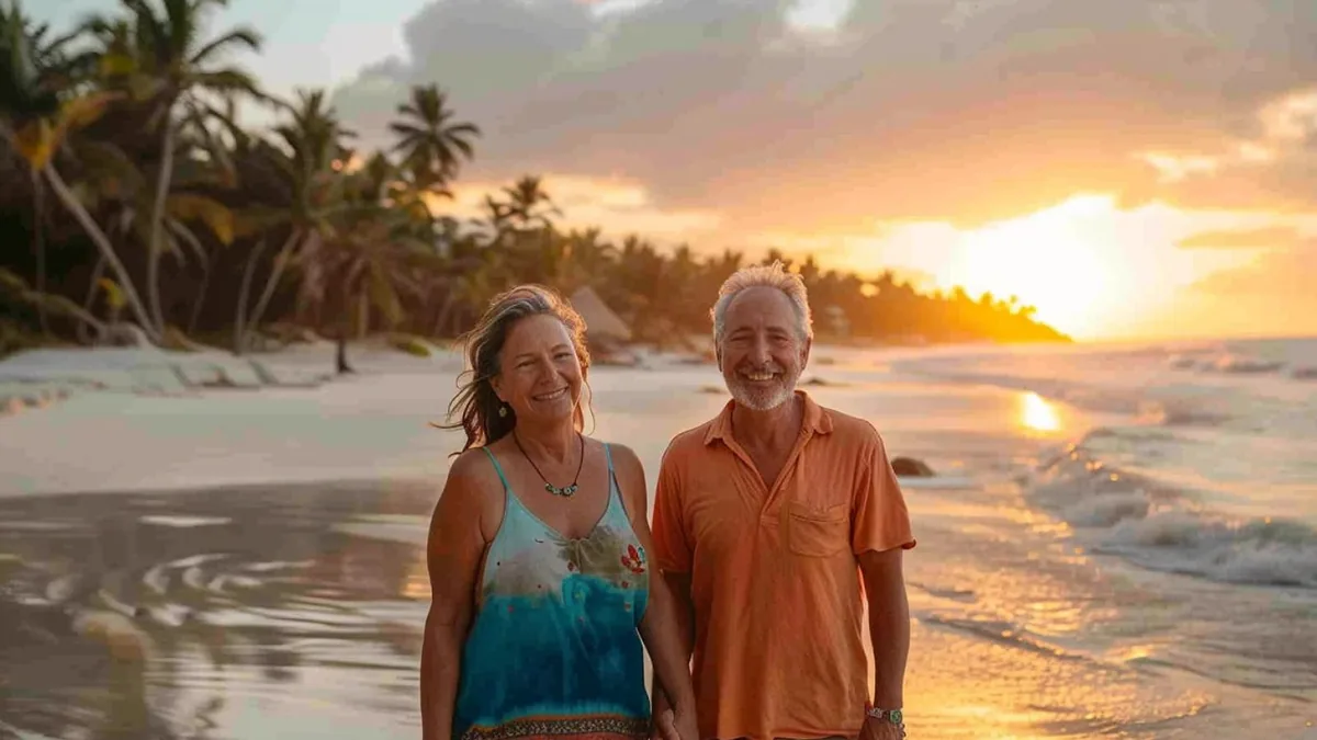 Couple adulte souriant échangeant autour d’un café, dans une cuisine lumineuse