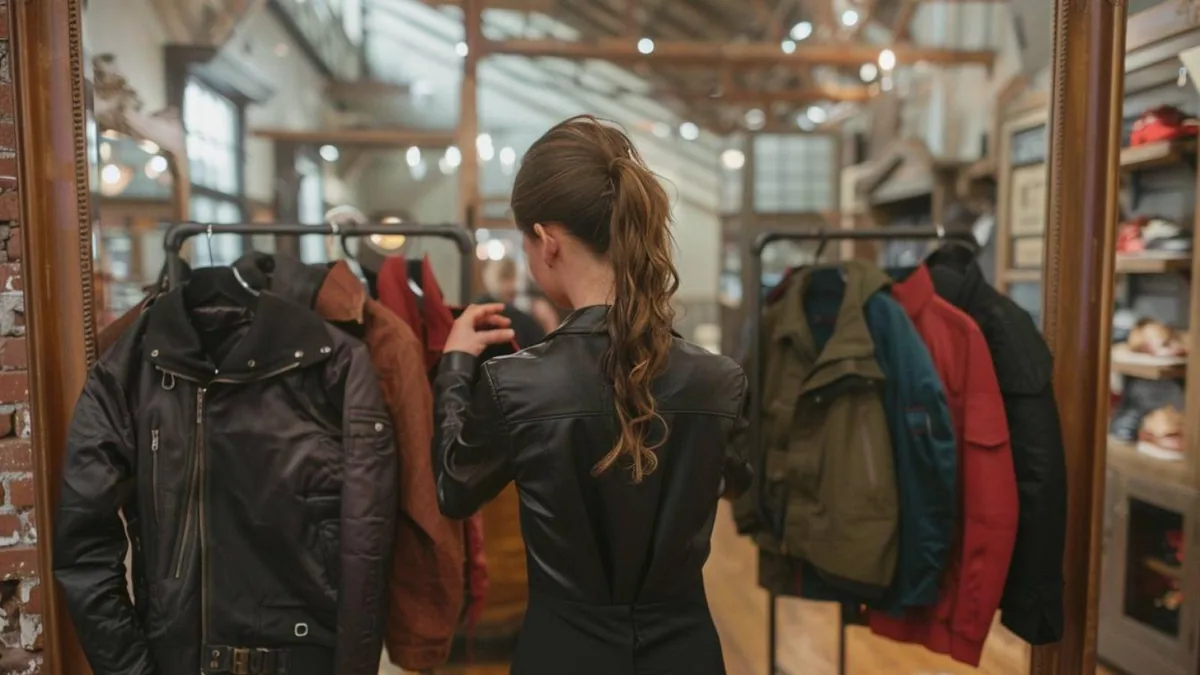Robe noire associée à un blazer beige et des accessoires élégants sur un portant