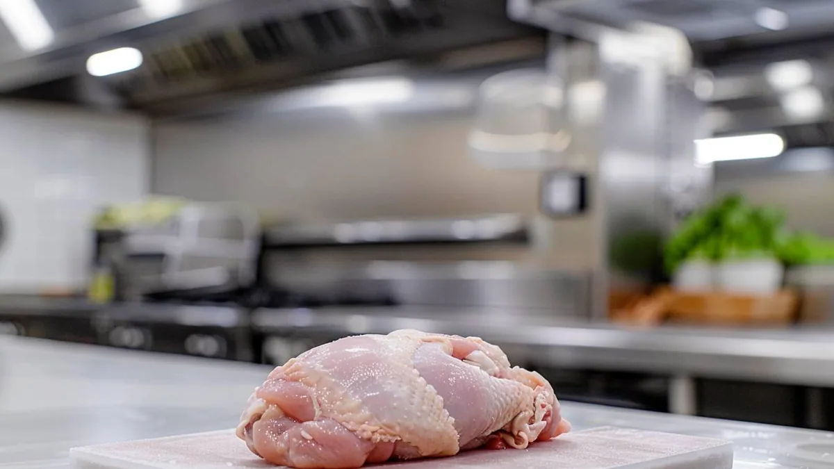 Portions de poulet cru emballées dans des sacs hermétiques et étiquetés avant congélation
