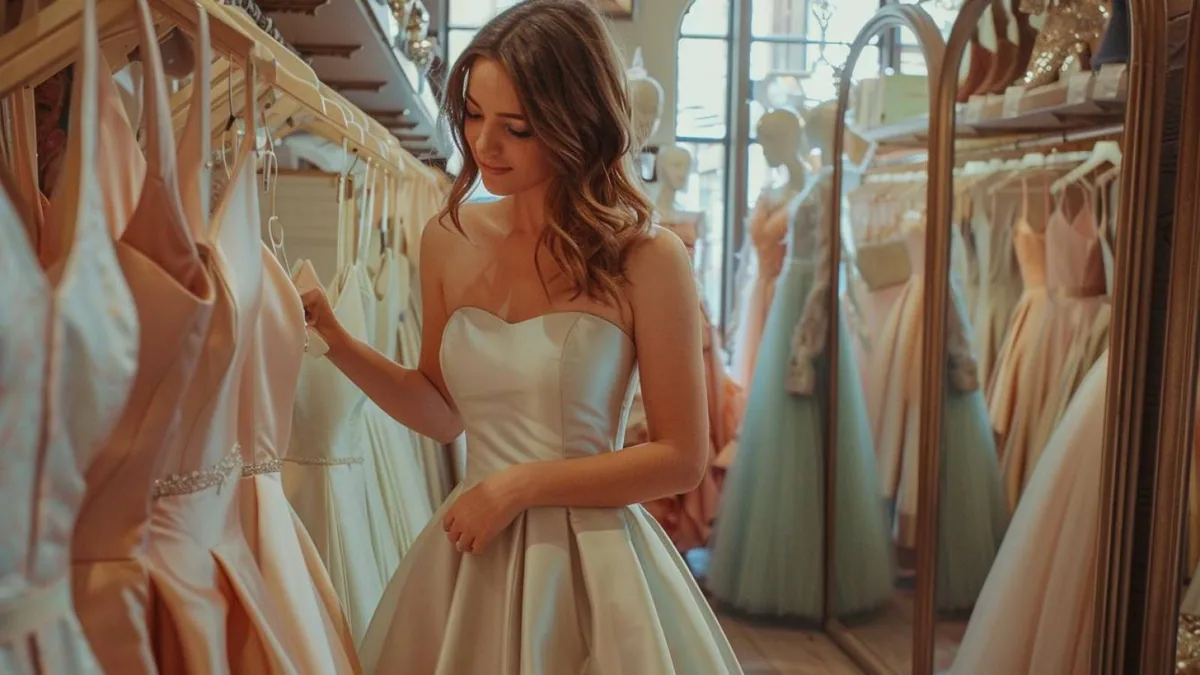 Femme petite essayant une robe ceinturée devant un miroir dans une boutique