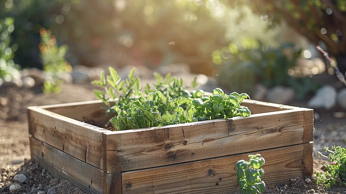 Carré potager en bois naturel rempli de terre et de jeunes plants dans un jardin