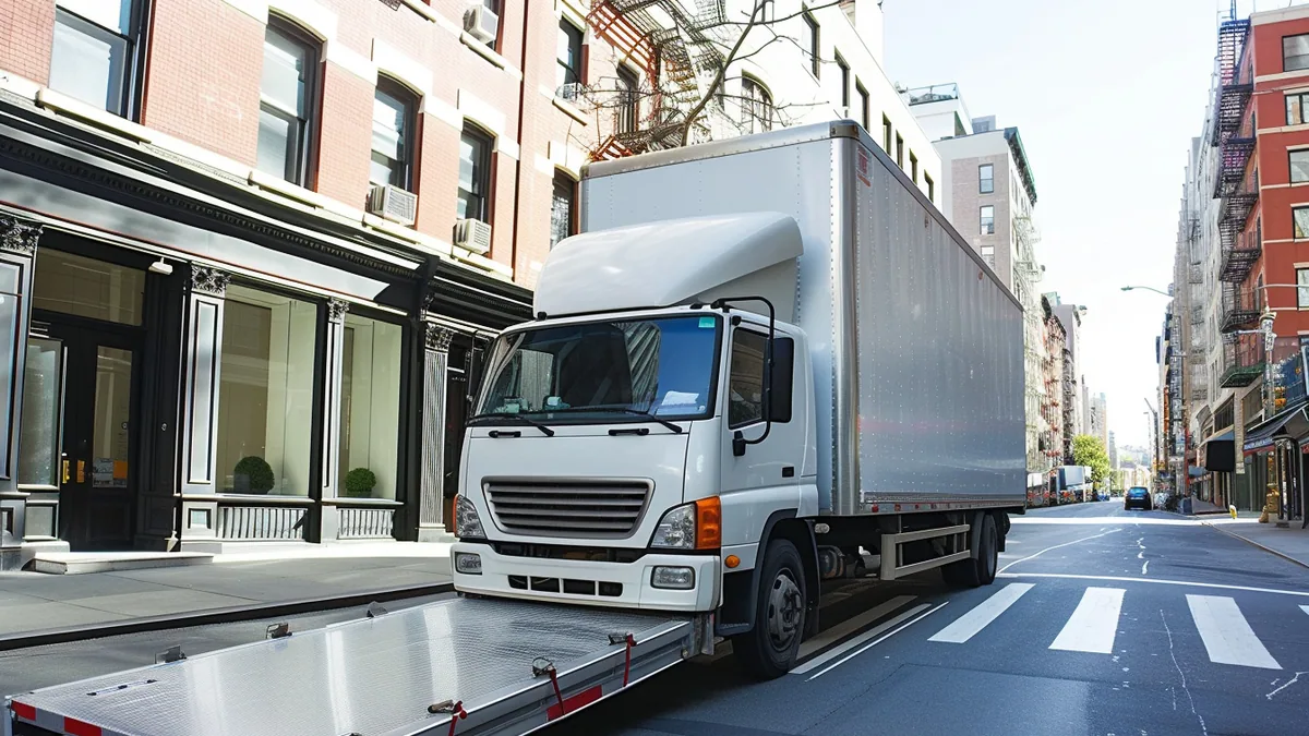 Camion de déménagement blanc stationné devant un immeuble avec cartons et diable de transport