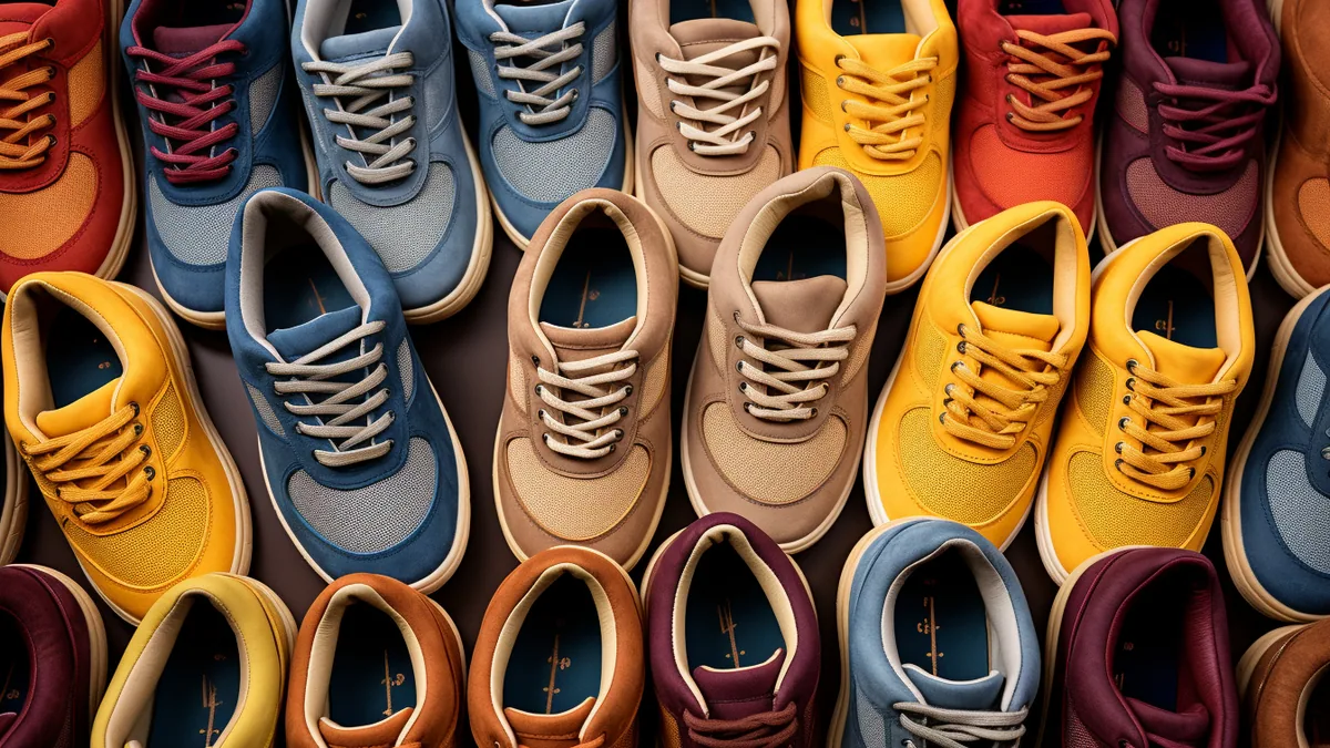 Paire de baskets durables en matières recyclées posée près de feuilles et d’outils d’entretien