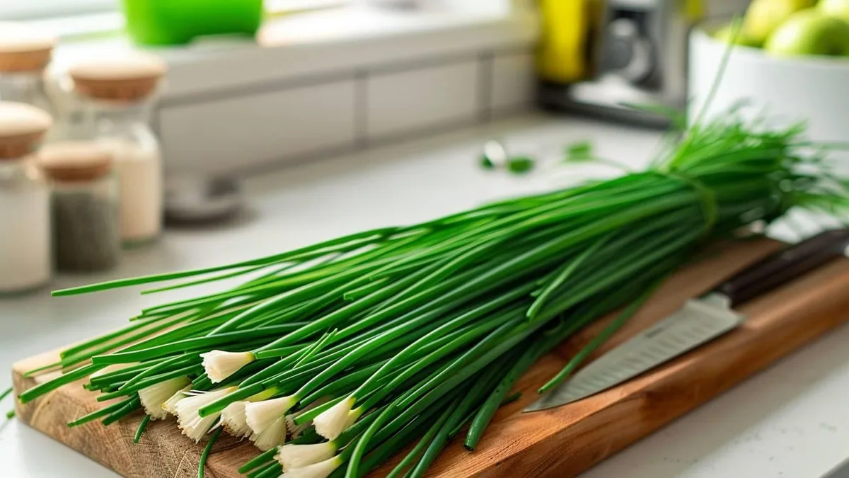 Ciboulette fraîche ciselée dans un sachet de congélation avec des brins verts sur une planche en bois