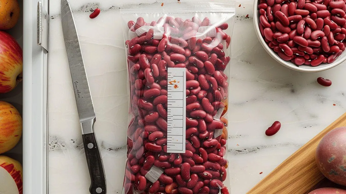 Bol de haricots rouges cuits avec sachets de portions à congeler et étiquettes de date