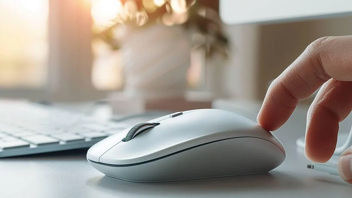Main utilisant une souris sans fil à côté d’un ordinateur portable avec connexion Bluetooth