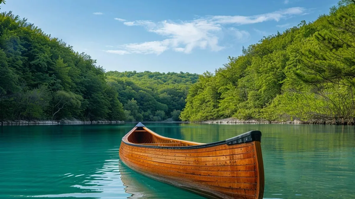 Canoë léger en bois de cèdre posé sur un établi, avec lattes et outils de construction