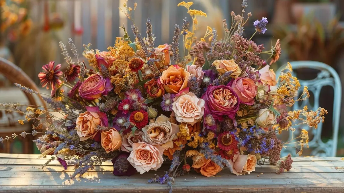 Cadre en bois contenant des fleurs séchées et des graminées sur fond écru dans une décoration bohème