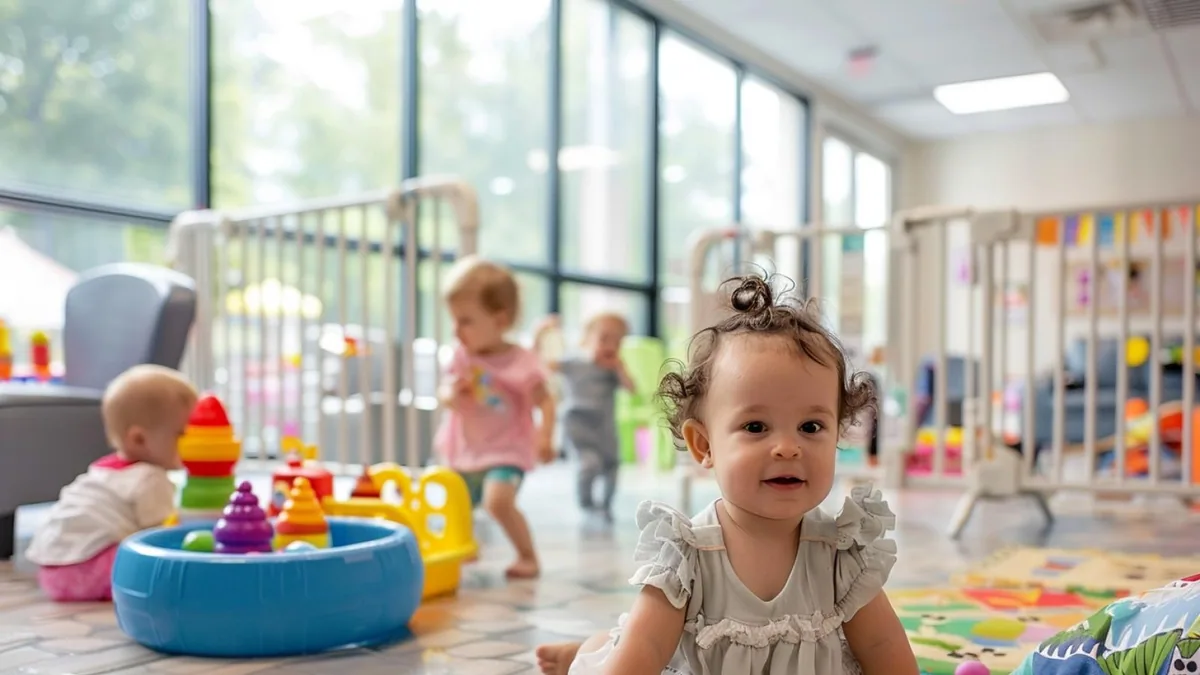 Professionnelle de la petite enfance préparant une salle de jeux sécurisée pour une garderie