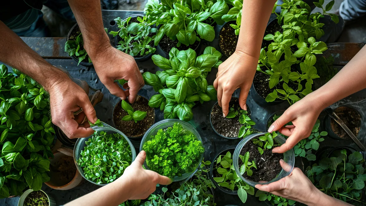 Terrarium ouvert en verre avec basilic, persil et ciboulette près d’une fenêtre lumineuse