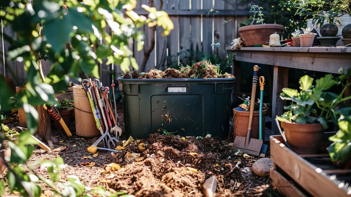 Composteur de jardin rempli d’épluchures, feuilles mortes et broyat, avec un potager en arrière-plan