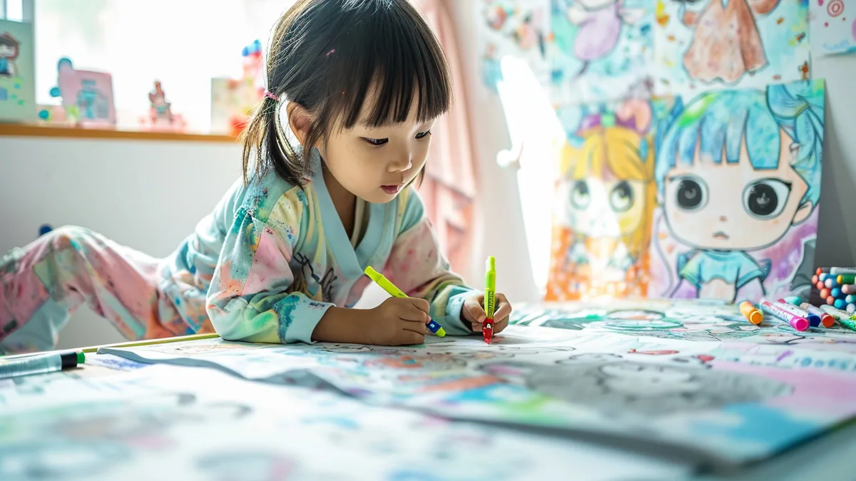 Crayon, feutres pastel et petits personnages kawaii aux grands yeux sur une feuille blanche