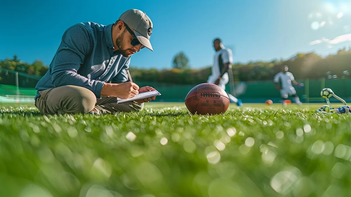 Recruteur de football observant un match depuis les tribunes avec carnet et ordinateur