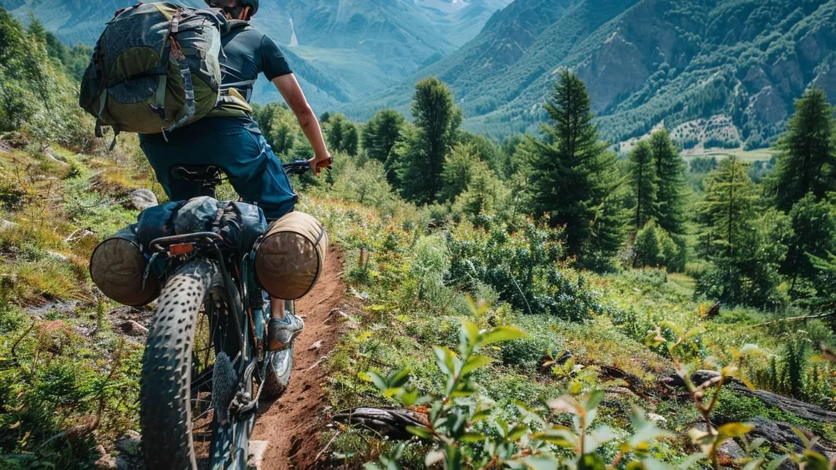Cycliste en bikepacking sur une piste de montagne avec sacoches légères et équipement de bivouac