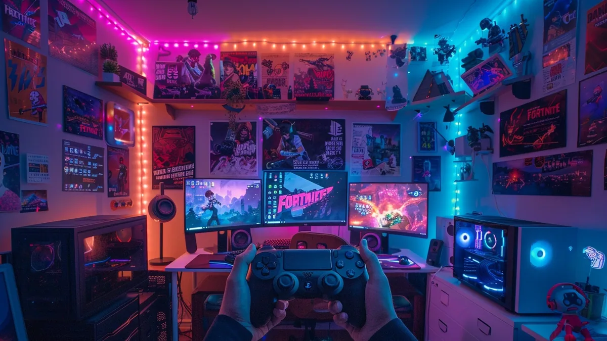 Joueur d’e-sport devant Fortnite sur écran, avec casque, clavier et souris