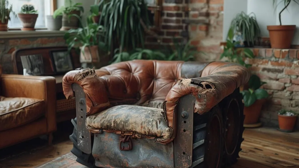 Vieux siège de tracteur en métal transformé en fauteuil déco avec piètement en bois et coussin
