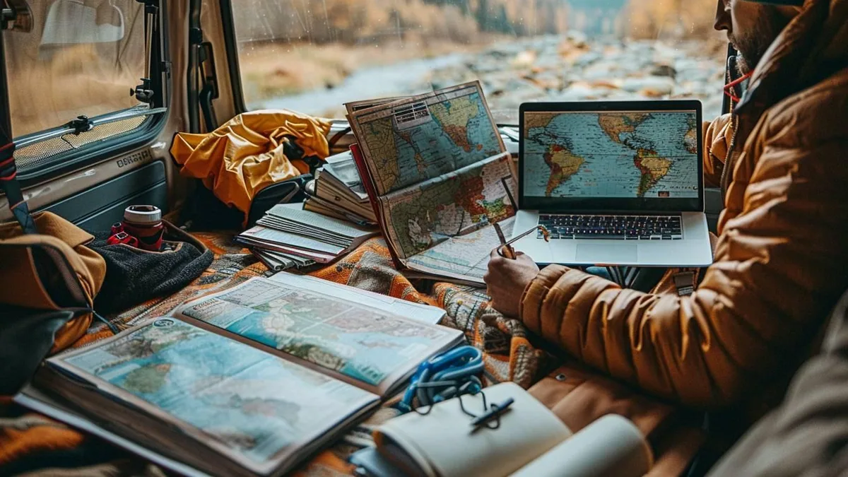 Camping-car stationné face à une route côtière, carte routière et carnet de voyage sur une table extérieure