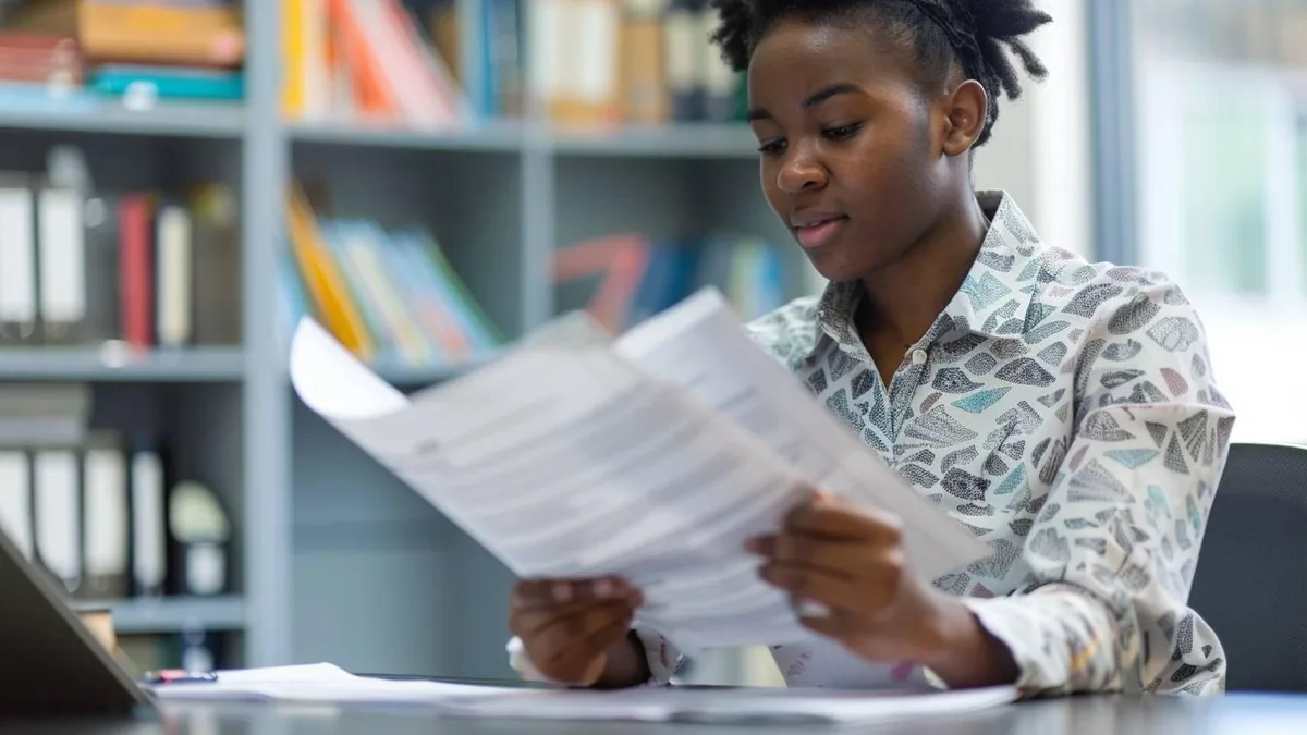Personne relisant un compte rendu de réunion avec une liste d’actions et des échéances visibles