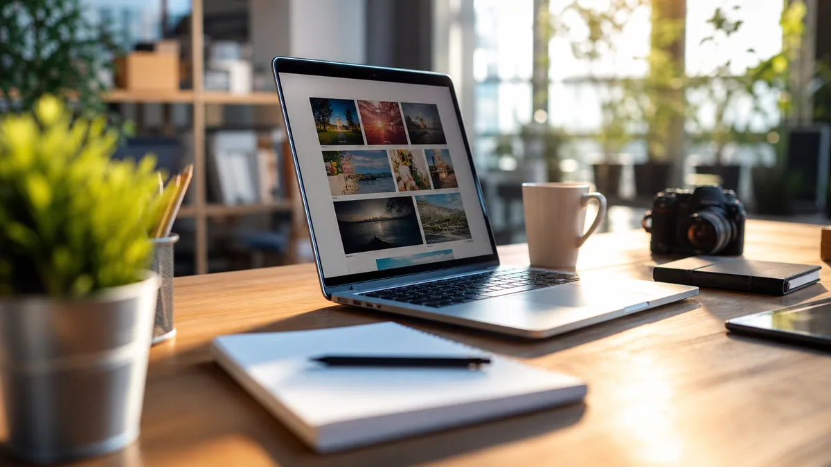 Personne préparant le lancement d’un blog sur ordinateur avec calendrier éditorial et icônes de réseaux sociaux
