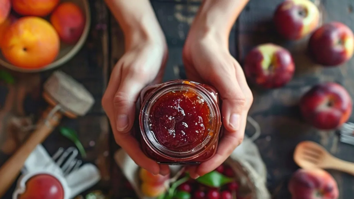 Pot de confiture maison aux fruits rouges, fruits frais, sucre et cuillère en bois sur une table