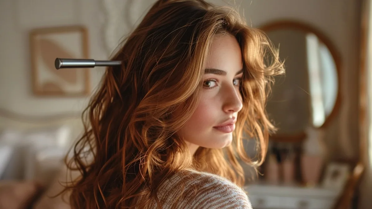 Femme réalisant des anglaises sur cheveux longs avec un fer à boucler devant un miroir