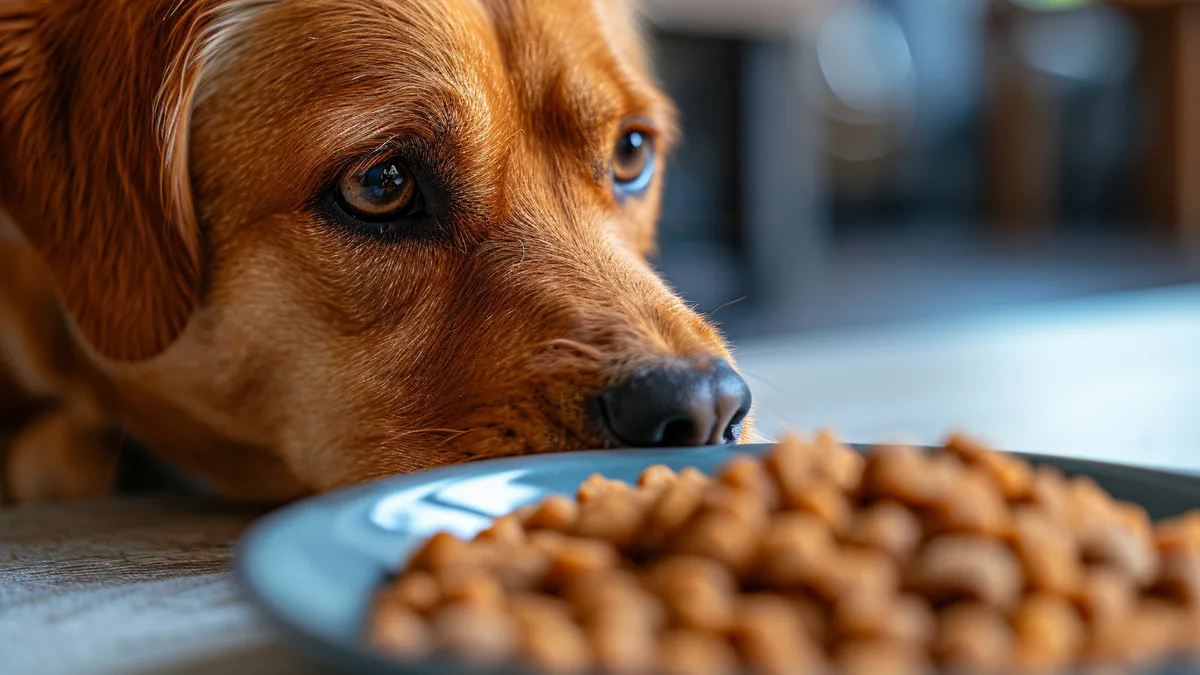 Chien adulte couché près d’une gamelle de nourriture, propriétaire attentif à ses côtés