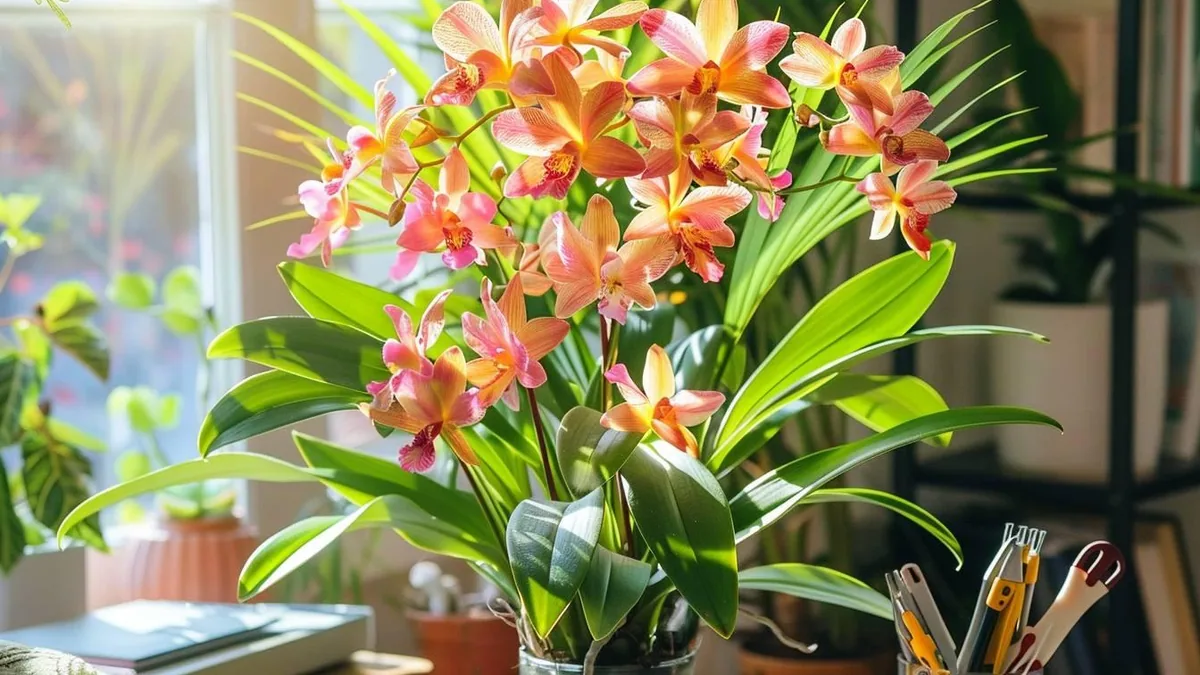 Orchidée Phalaenopsis rose en pot transparent près d’une fenêtre lumineuse