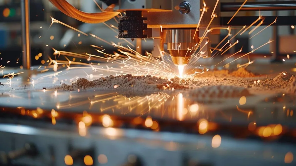 Faisceau laser balayant un lit de poudre polymère dans une imprimante 3D SLS