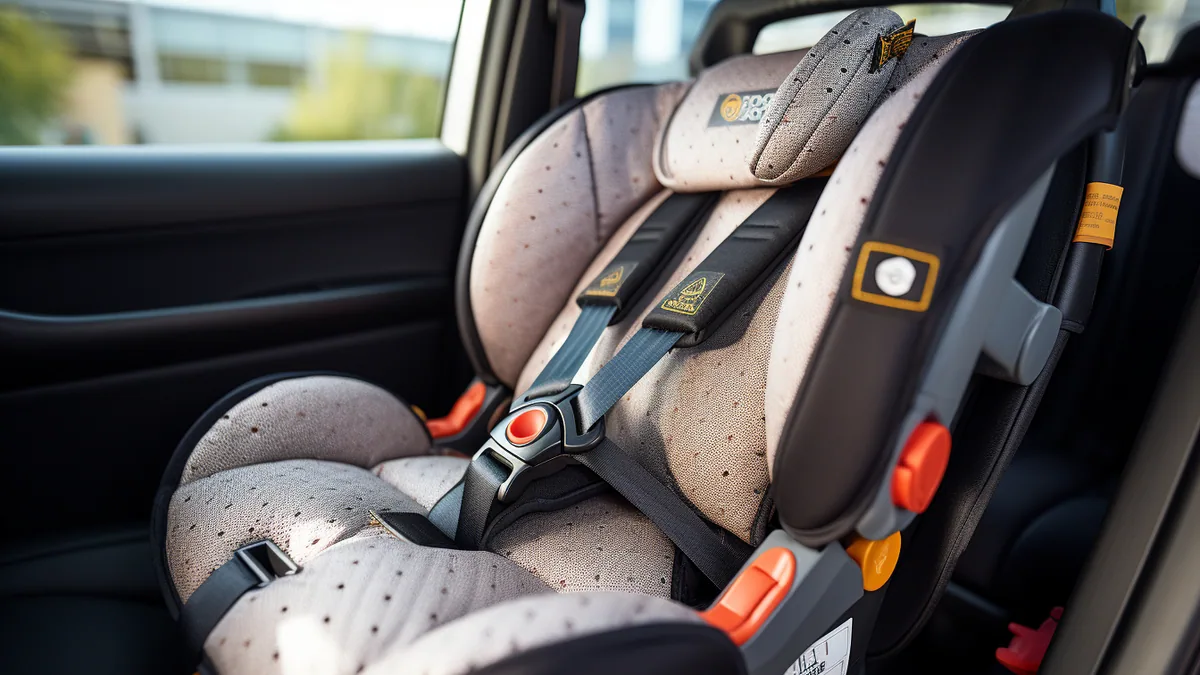 Parent vérifiant le passage de la ceinture sur un siège auto installé à l’arrière d’une voiture